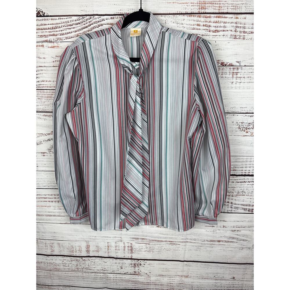Womens VTG White Stag White Multi Striped Button Up Blouse Neck Tie Office Sz 16
